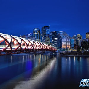 Calgary Photograph, Peace Bridge, Color Photography, Wall Art, Art Print, Canada, Skyline, Night Photo, Downtown, &quot;Calgary Night&quot;