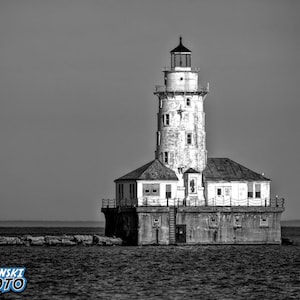 Chicago Lighthouse Photograph, Black and White Photography, Wall Art Photo, Nautical Decor, Beach House Art Print, &quot;Chicago Harbor Light #1&quot;