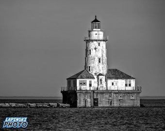 Chicago Lighthouse Photograph, Black and White Photography, Wall Art Photo, Nautical Decor, Beach House Art Print, "Chicago Harbor Light #1"