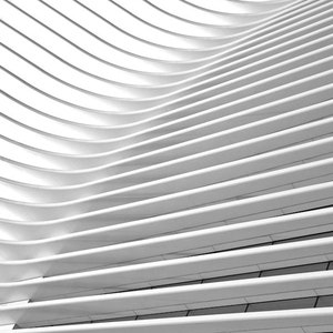 May include: A black and white photo of a modern building with a curved, white, geometric design. The building has a series of horizontal lines that curve upwards.