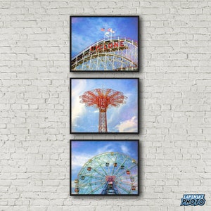 Coney Island Set of 3 Color Photos, Brooklyn New York Photography, NY Prints, Amusement Park Ride Wall Art, Summer Beach Decor