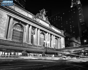 New York City Photograph, Black and White Photography, NYC Wall Art, Architecture, Office Decor, Light Trails, "Grand Central Night #2"