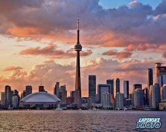 Toronto Skyline Sunset Photograph, Color Photography, Canada Photo, Wall Art, Art Print, CN Tower, Clouds, "Toronto Sunset"