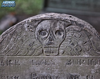 Old Cemetery Photograph, Color Photography, Wall Art Print, Graveyard, Halloween, Goth Photo, Winged Skull Gravestone, "Boston Tombstone #2"