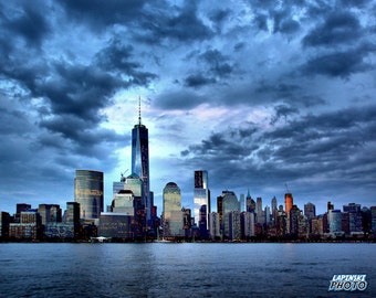 New York City Skyline Photograph, Color Photography, NYC Photo, Wall Art, Art Print, City Lights, Night Photo, "Dark Night"