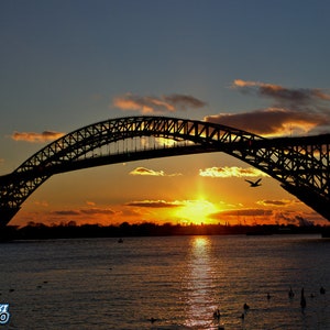 May include: A silhouette of a bridge against a vibrant sunset sky. The sun is setting behind the bridge, casting a golden glow over the water. A single bird flies through the air.