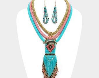 Boho Bead Fringe Mesh Tube Double Link Bib Statement Necklace Set CUTE!