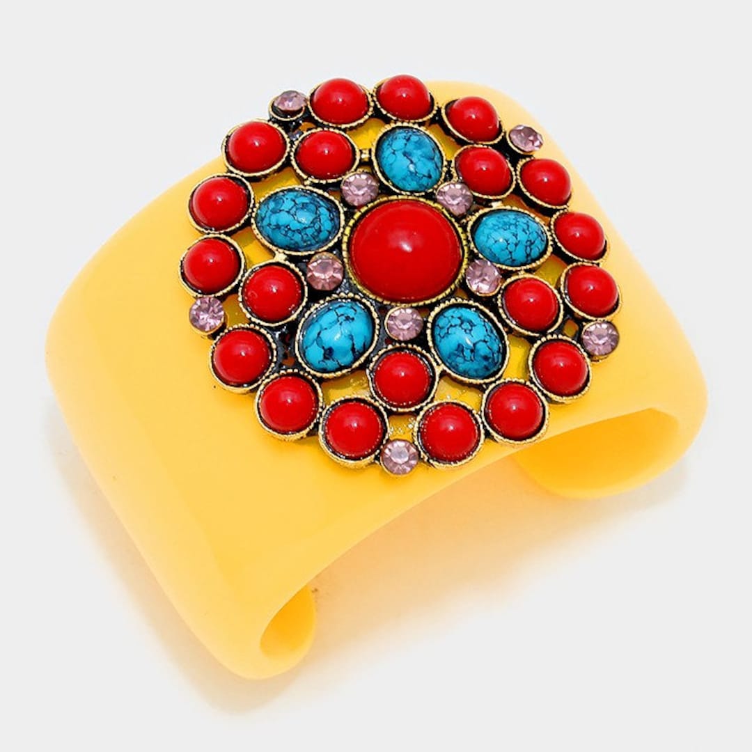 Yellow Cuff Bracelet Embellished Multi Colored Stone With Etsy