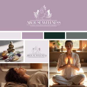 May include: A collage featuring the AROUSE WELLNESS logo, a color palette, a small Buddha statue with crystals, and images of people practicing wellness activities. The logo includes the text "AROUSE WELLNESS" and "WHOLE BODY WELLNESS FOR YOUR SEXIEST SELF."