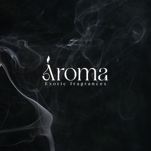 Aroma Exotic Fragrances custom logo design — elegant white serif wordmark with flame icon on dramatic smoke and black background. Luxury fragrance or candle brand logo by 90Designs.