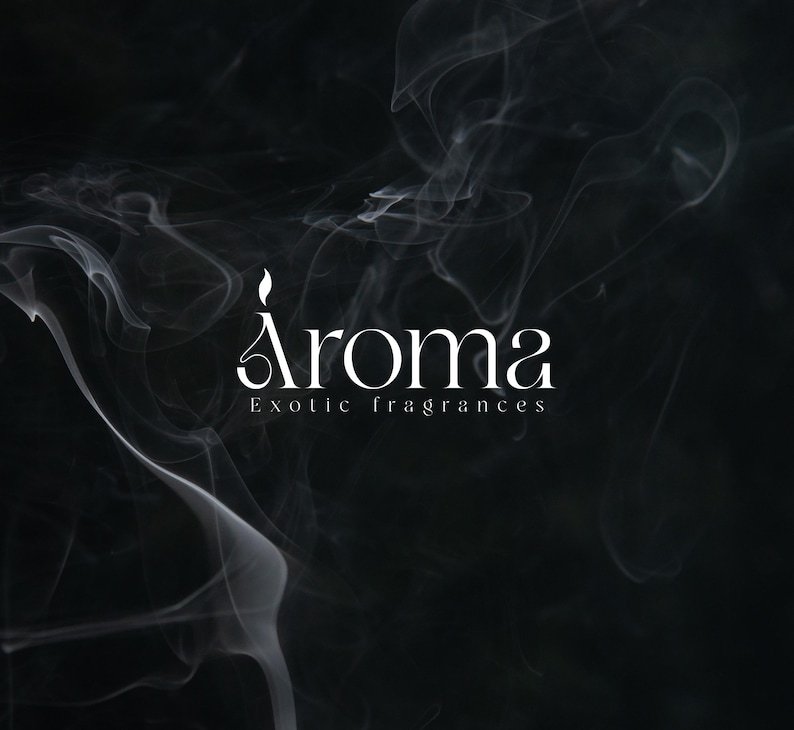 Aroma Exotic Fragrances custom logo design — elegant white serif wordmark with flame icon on dramatic smoke and black background. Luxury fragrance or candle brand logo by 90Designs.