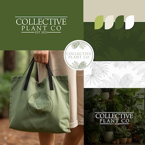 May include: An olive green tote bag with black handles featuring a circular logo with the text "COLLECTIVE PLANT CO EST 2025-". The image also includes a logo, a color palette, and a botanical pattern. A display of potted plants is also shown.