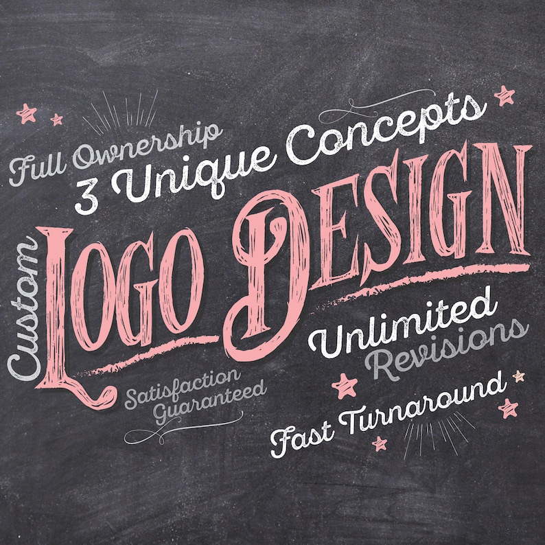 Chalkboard-style custom logo design graphic with vintage lettering, Hand-drawn typography promoting custom logo design services, Custom logo design ad with full ownership and unlimited revisions, Creative chalkboard image for 3 unique logo concepts with fast turnaround, Illustrated graphic highlighting benefits of custom logo design service, Artistic logo design poster with retro typography and pastel accents, Promotional image offering satisfaction guarantee and logo revisions.
