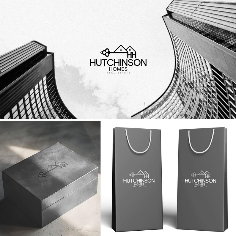 Hutchinson Homes Real Estate custom logo design — key and house icon with HH monogram, shown on luxury packaging, gift box, and branded bags. Professional real estate brand identity by 90Designs.