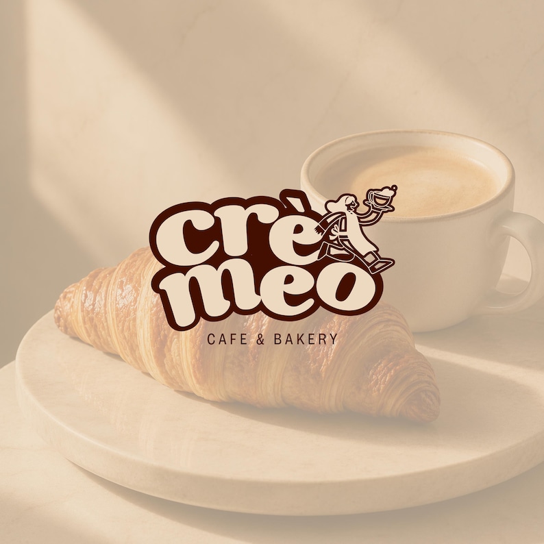 Cremeo Cafe and Bakery custom logo design — retro bubbly dark brown wordmark with illustrated barista character mascot on a warm cream and croissant background. Cafe brand logo by 90Designs.