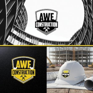 May include: The image showcases the "AWE CONSTRUCTION" logo in multiple contexts. The logo, a shield design, features the company name, a silhouette of trees, and crossed tools. It appears on a black background, a white hard hat, and against a modern architectural backdrop.