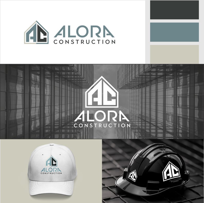 May include: The image showcases the "ALORA CONSTRUCTION" logo in various applications. The logo features a house-shaped design with the letters "AC". The image includes a white baseball cap and a black hard hat, both displaying the logo. The logo is also shown against a grayscale background.