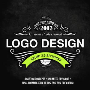 以下が含まれることがあります： ヴィンテージスタイルの白黒ロゴデザイン。テキストは「満足保証 設立2007年 カスタムプロフェッショナルロゴデザイン 無制限のリビジョン 今すぐ購入 3つのカスタムコンセプト 無制限のリビジョン 最終フォーマット（CDR、AI、EPS、PNG、SVG、PDF＆JPEG）」です。