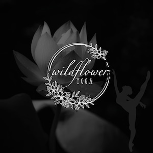 May include: Black and white logo for Wildflower Yoga. The design features a lotus flower in the background, a circular floral frame, and a silhouette of a person in a yoga pose. The text "wildflower YOGA" is inside the frame.