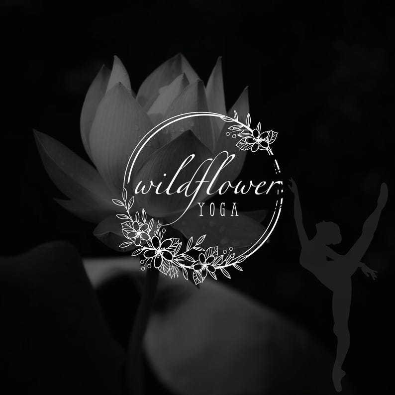 May include: Black and white logo for Wildflower Yoga. The design features a lotus flower in the background, a circular floral frame, and a silhouette of a person in a yoga pose. The text "wildflower YOGA" is inside the frame.