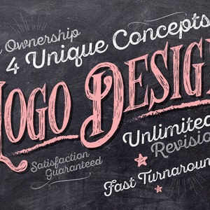 May include: Chalkboard with pink lettering advertising custom logo design services. The text reads "Full Ownership", "4 Unique Concepts", "Logo Design", "Satisfaction Guaranteed", "Unlimited Revisions", and "Fast Turnaround".