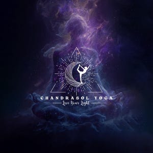 Chandrasol Yoga custom logo design — intricate mandala crescent moon with yoga pose silhouette inside a triangle frame. Tagline Live Your Light on a cosmic purple nebula background. Yoga studio logo by 90Designs.