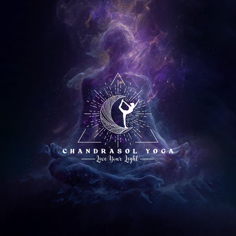 Chandrasol Yoga custom logo design — intricate mandala crescent moon with yoga pose silhouette inside a triangle frame. Tagline Live Your Light on a cosmic purple nebula background. Yoga studio logo by 90Designs.