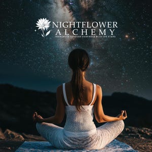 Nightflower Alchemy custom logo design — white serif wordmark with illustrated night flower icon and tagline Transmute Through Darkness With The Stars. Spiritual wellness brand logo by 90Designs.