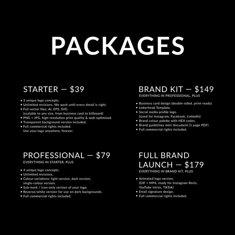 Logo design packages by 90Designs — Starter $39, Professional $79, Brand Kit $149, Full Brand Launch $179. Unlimited revisions and full vector files on every package.