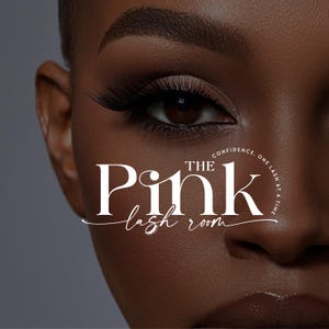 May include: Close-up of a person's eye with long, dark eyelashes. The image features the text "THE Pink lash room" in white script, with the tagline "CONFIDENCE, ONE LASH AT A TIME". The skin tone is dark with a soft focus.