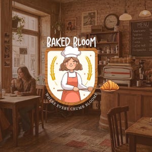 Baked Bloom custom logo design — illustrated badge logo with female baker character holding a croissant on a bread paddle. Tagline Where Every Crumb Blooms. Bakery or cafe brand logo by 90Designs.