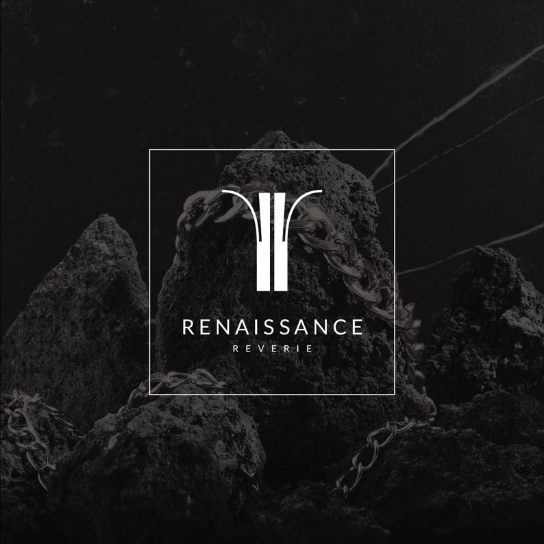 May include: A black and white logo design featuring the text "RENAISSANCE REVERIE" in a square frame. The logo includes a stylized white graphic and a chain draped over a dark, textured rock formation.