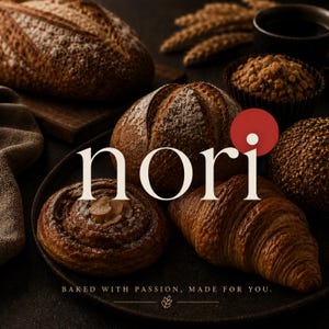 Nori custom logo design — minimalist cream wordmark with red circle dot on a moody dark artisan bread and croissant photography background. Tagline Baked With Passion Made For You. Premium bakery brand logo by 90Designs.