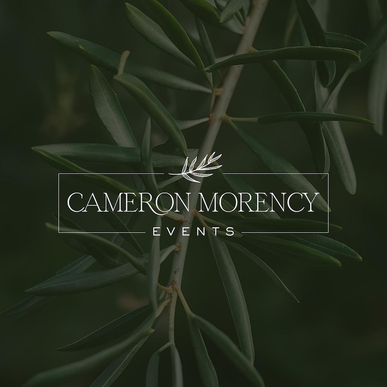Cameron Morency Events custom logo design — refined white serif wordmark in a thin rectangle frame with botanical leaf sprig icon on dark foliage background. Event planning brand logo by 90Designs.