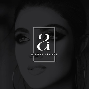 May include: Black and white logo featuring the text "AILORA IRAANI" below a stylized "ai" monogram within a rectangular frame. The logo is set against a blurred grayscale image of a woman's face, with focus on her eyes and lips.