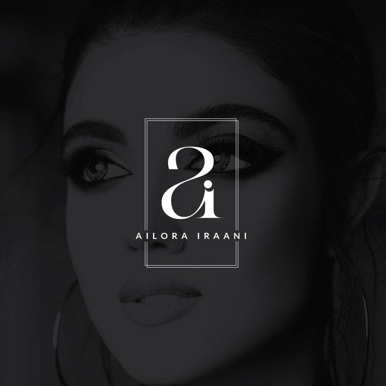 May include: Black and white logo featuring the text "AILORA IRAANI" below a stylized "ai" monogram within a rectangular frame. The logo is set against a blurred grayscale image of a woman's face, with focus on her eyes and lips.