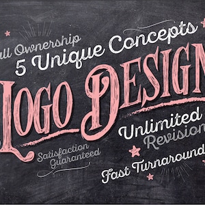 May include: A chalkboard-style graphic with the words "LOGO DESIGN" in large, pink, stylized letters. Surrounding text includes "Full Ownership," "5 Unique Concepts," "Unlimited Revisions," "Fast Turnaround," and "Satisfaction Guaranteed."
