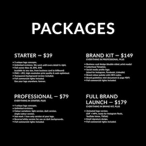 90Designs logo design packages — Starter $39, Professional $79, Brand Kit $149, Full Brand Launch $179. Unlimited revisions, vector files, and full commercial rights on every package. Business card, letterhead, and animated logo included.