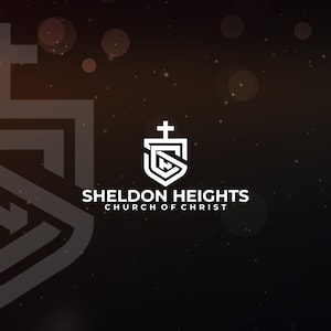 May include: A white logo on a dark background. The logo features a shield shape with a cross on top and the words "SHELDON HEIGHTS CHURCH OF CHRIST" below. The background has bokeh effects.