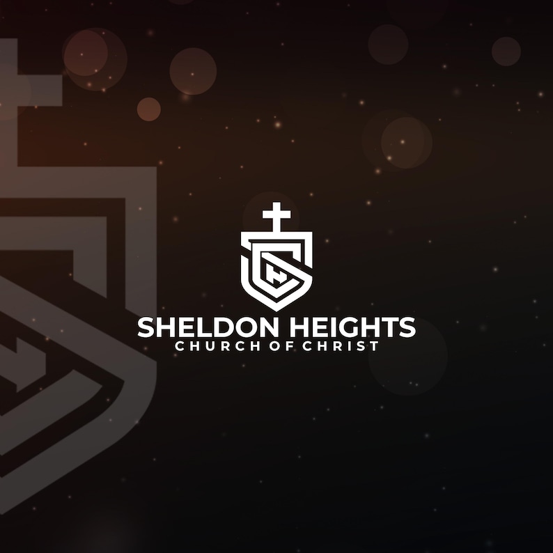 May include: A white logo on a dark background. The logo features a shield shape with a cross on top and the words "SHELDON HEIGHTS CHURCH OF CHRIST" below. The background has bokeh effects.