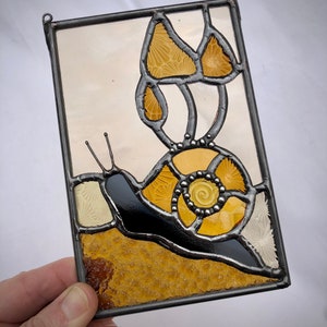 MUSHROOM SNAIL suncatcher: amber stained glass, window decor