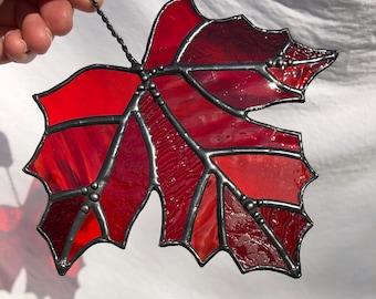 MAPLE LEAF suncatcher: red stained glass, autumn fall leaves, window decor