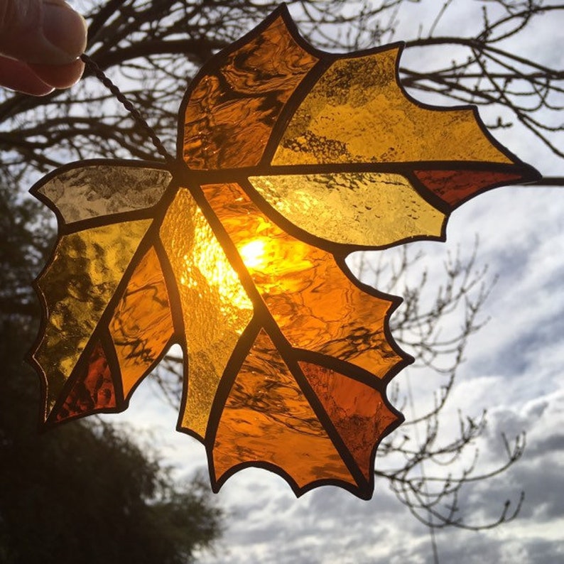 MAPLE LEAF stained glass suncatcher autumn fall leaves amber Etsy