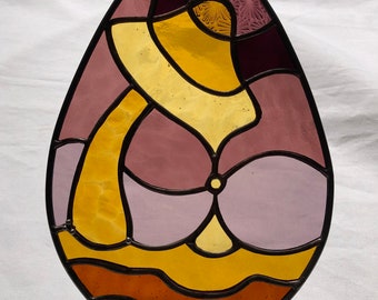 Stained Glass MUSHROOM DROP Suncatcher, Vintage Amber and Pink Glass