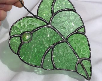 LEAF, old textured green stained glass, suncatcher
