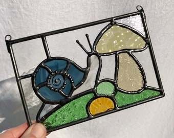 Stained glass MUSHROOM Snail, Vintage glass suncatcher