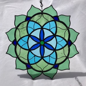 Stained glass SEED OF LIFE mandala flower, sacred geometry suncatcher, green blue vintage glass