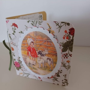 Carte double  fantaisie format 10 x 10 - La fillette et les chèvres