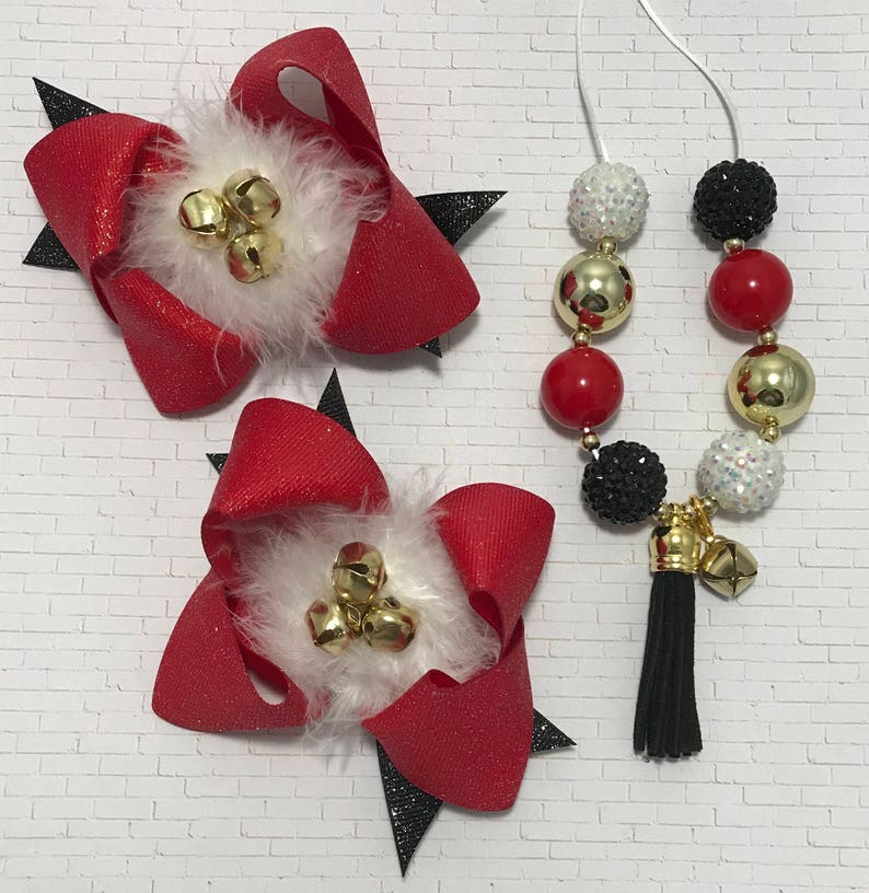 Red Silver Christmas Hair Bow And Christmas Chunky Necklace Set