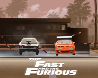 Fast and Furious poster, A3, illustration, artwork, digital art, Vin Diesel, Paul Walker, 1968 Dodge Charger, toyota supra